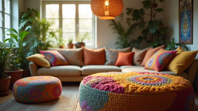 Puff colorido em sala de estar vibrante com decoração brasileira.