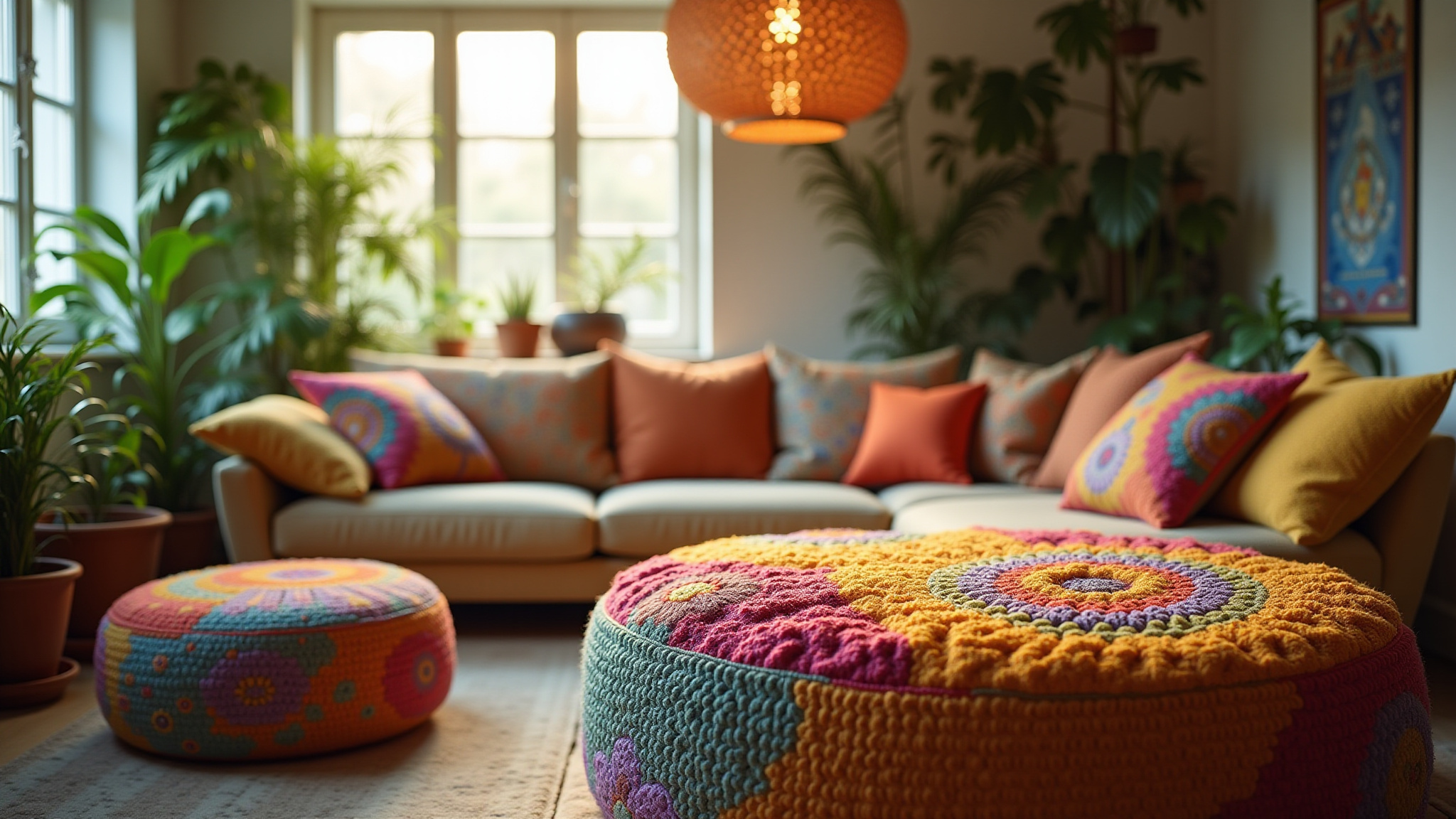 Puff colorido em sala de estar vibrante com decoração brasileira.