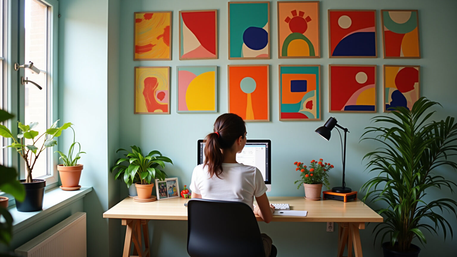 Home office vibrante com quadros coloridos e plantas.