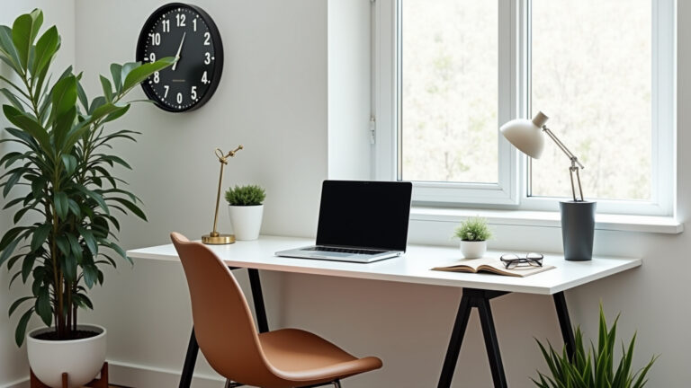 Mesa de canto moderna para home office bem iluminado e organizado.