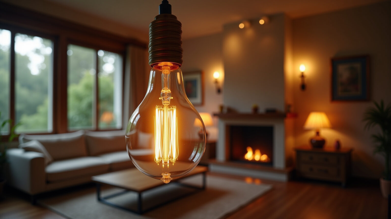 Sala aconchegante iluminada por lâmpada de filamento de carbono.