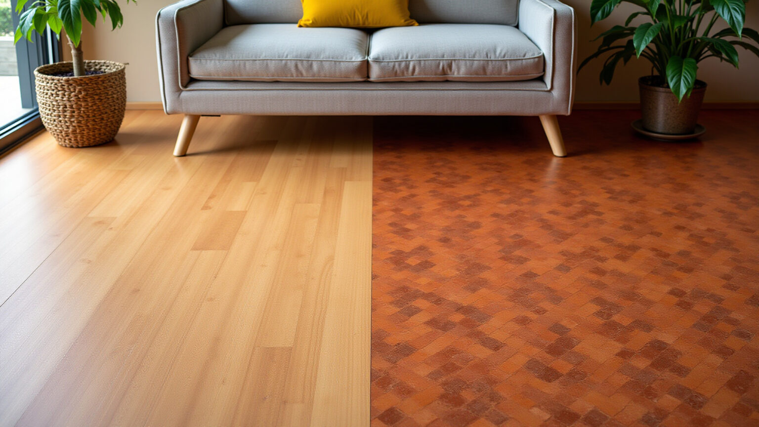 Sala com piso vinílico liso e texturizado contrastantes.