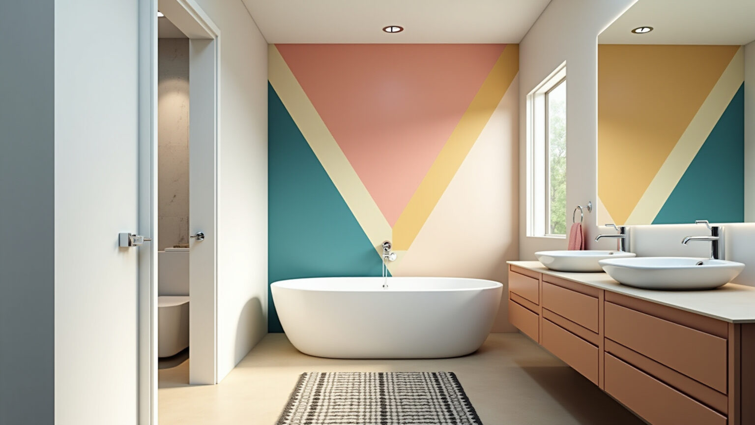 Banheiro vibrante com pintura geométrica de triângulos em tons pastel.