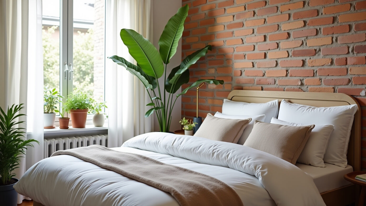 Quarto aconchegante com parede de tijolinho.