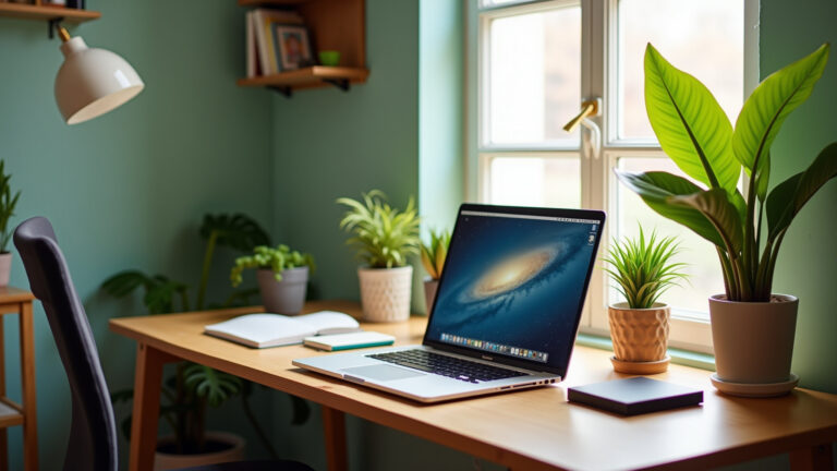 Mesa para home office pequeno com decoração minimalista e vibrante.