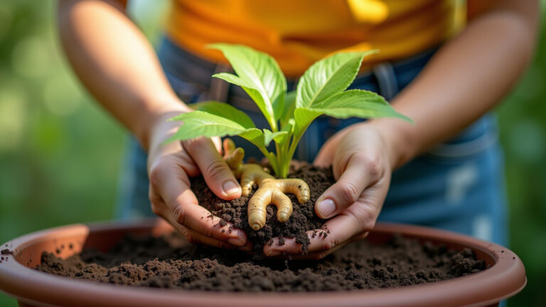 Mãos plantando rizoma de gengibre em vaso com terra.