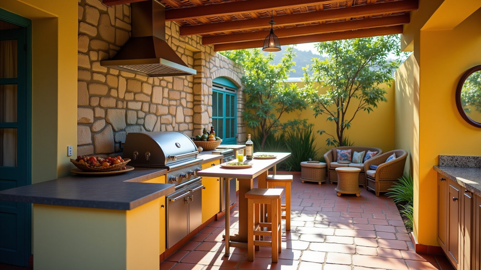 Área gourmet pequena com churrasqueira e decoração vibrante.
