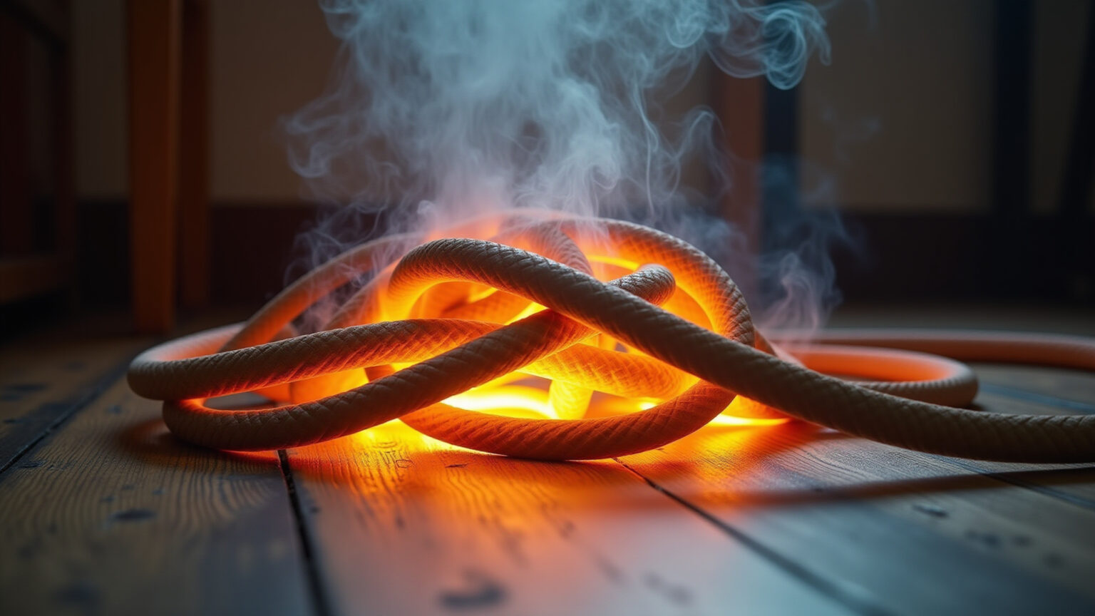 Extensão enrolada superaquecendo com fumaça.