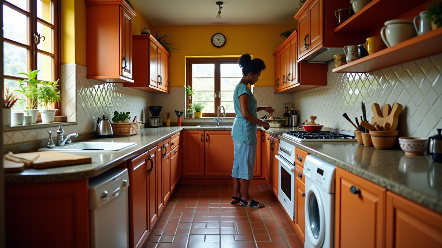 Cozinha brasileira vibrante com piso de cerâmica clássico.