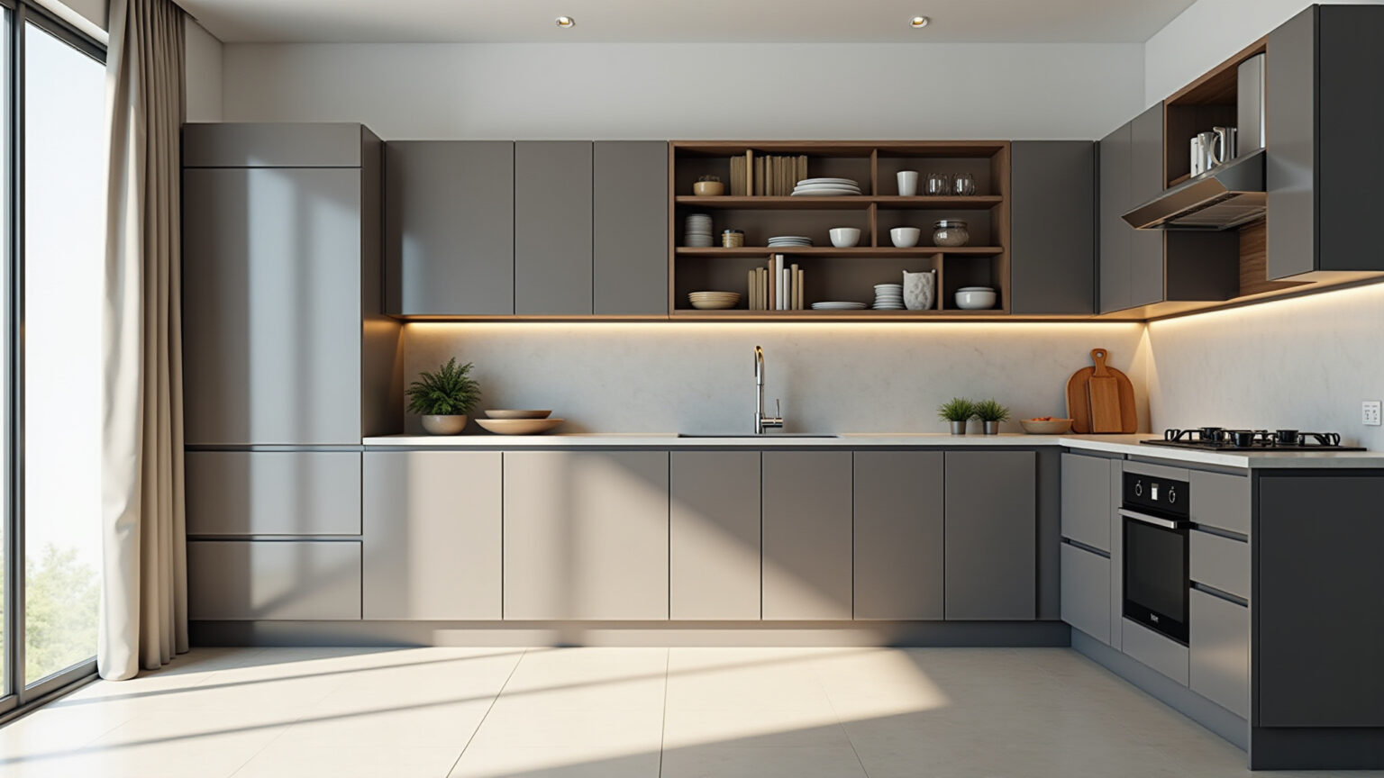Cozinha moderna com armários de perfil de alumínio.