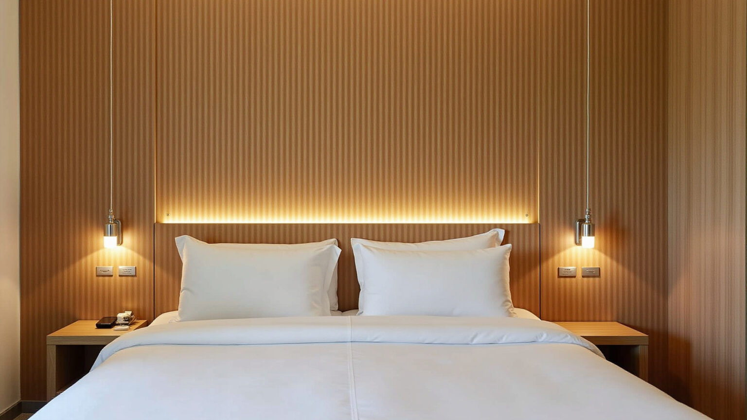 Quarto de hotel renovado com painéis de madeira natural e iluminação aconchegante.