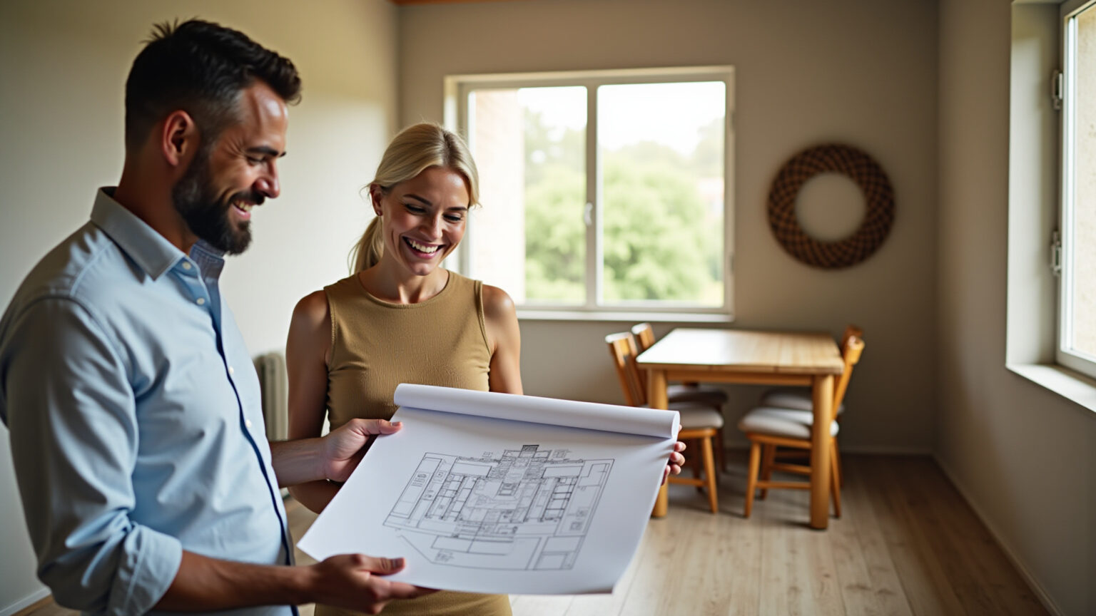 Família brasileira feliz planejando reforma da casa.