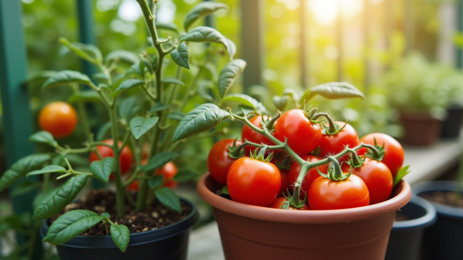 Tomates cereja vibrantes crescendo em vaso em uma varanda ensolarada.