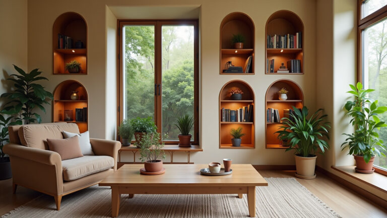 Sala de estar aconchegante com nichos decorativos.