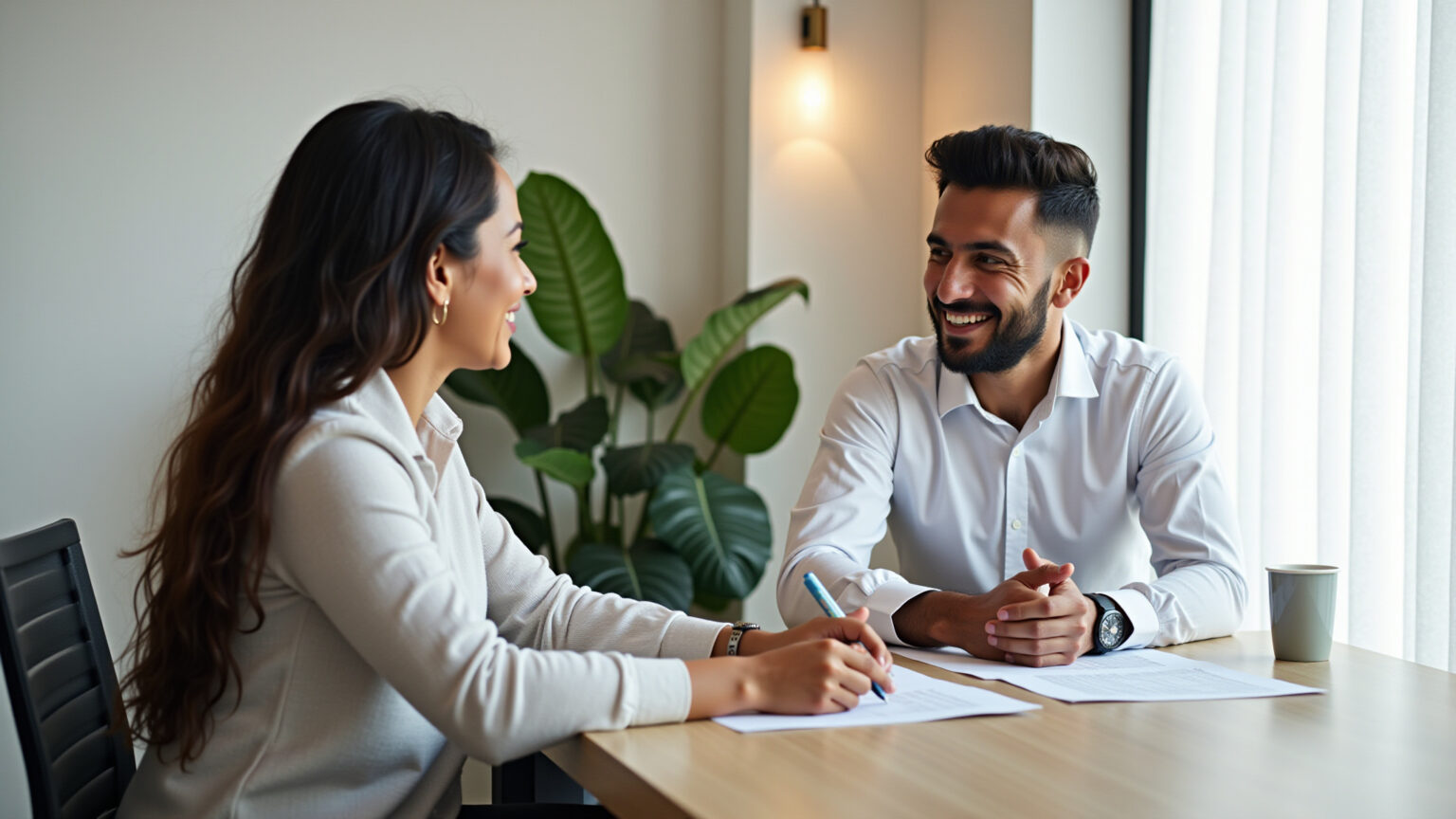 Moradora e síndico conversando sobre reforma em condomínio.