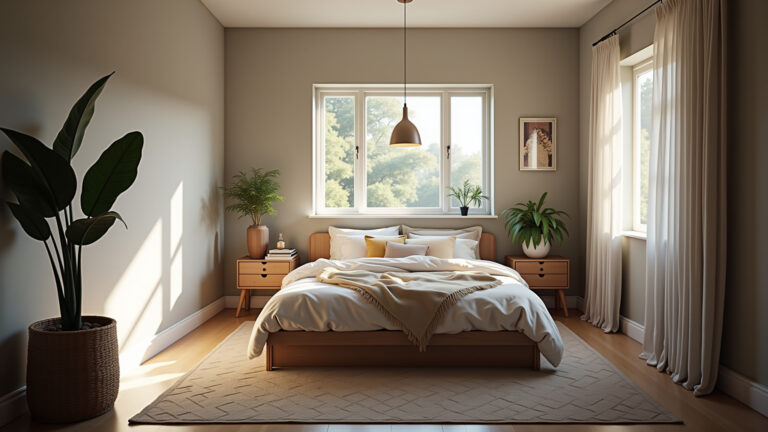 Quarto de casal aconchegante com lustre pendente moderno.