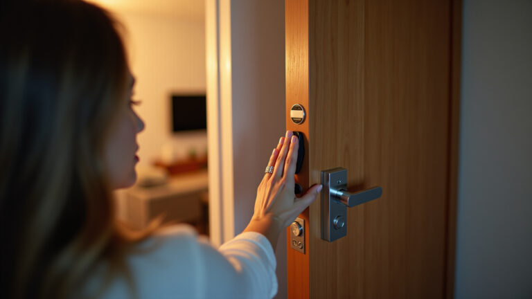 Mulher brasileira destrancando porta com sensor biométrico.