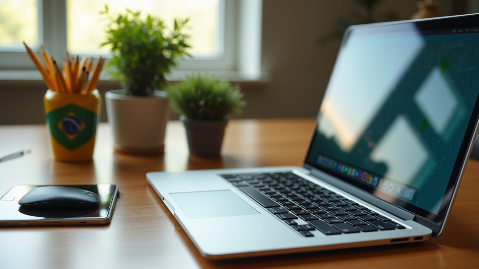 Mesa de escritório vibrante com decoração brasileira e itens personalizados.