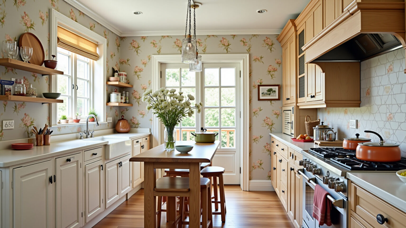 Cozinha Provençal charmosa com armários de madeira rústica e detalhes florais.