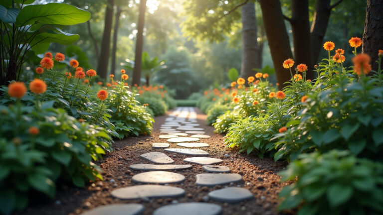 Caminho de jardim com pedras naturais e vegetação exuberante.