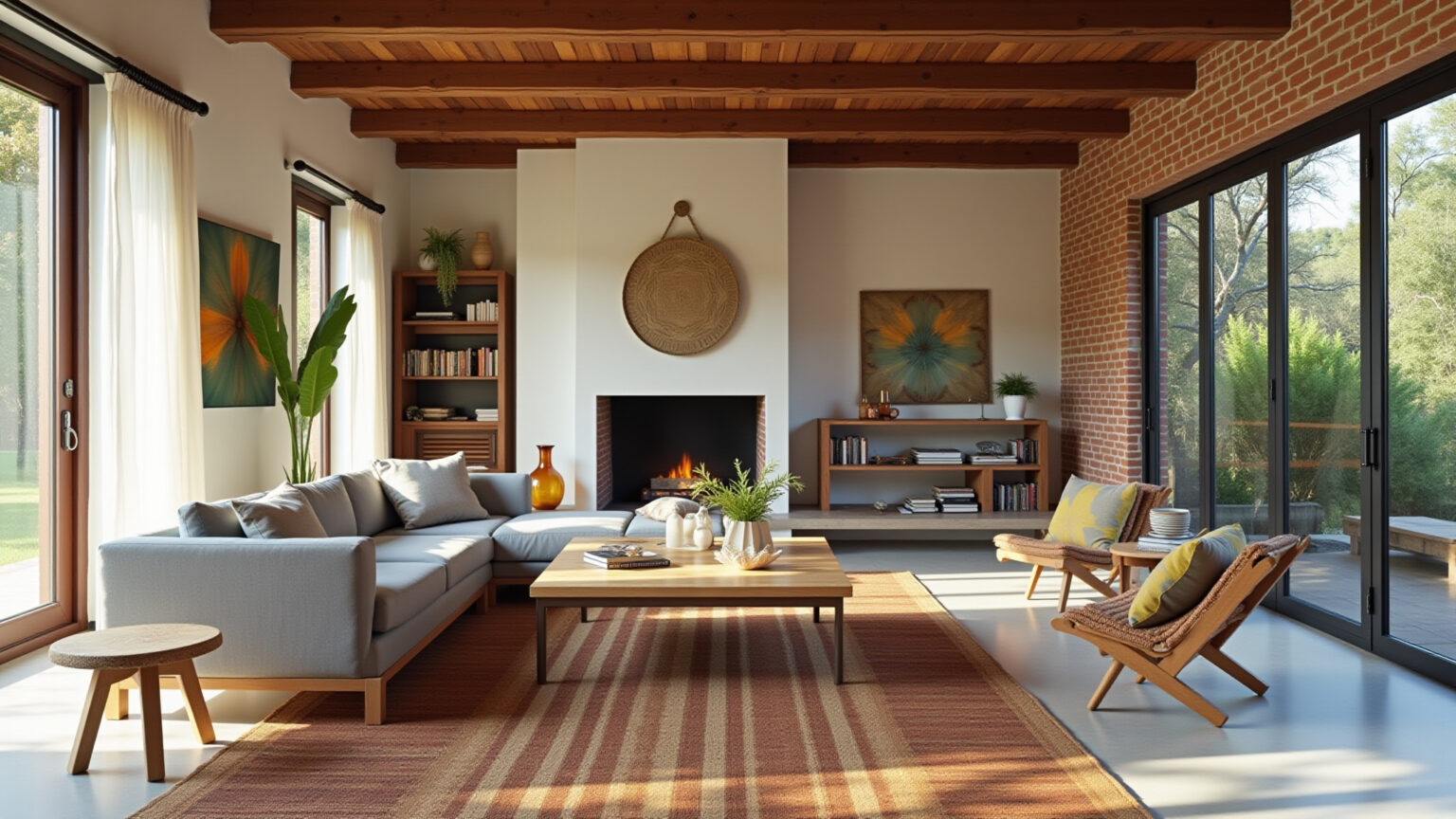 Sala de estar sustentável com móveis de madeira reaproveitada e paredes de tijolos aparentes.
