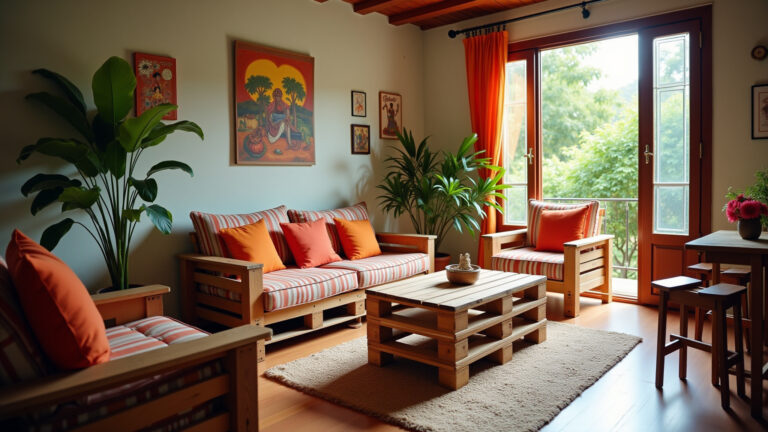 Sala de estar aconchegante com móveis de paletes DIY.