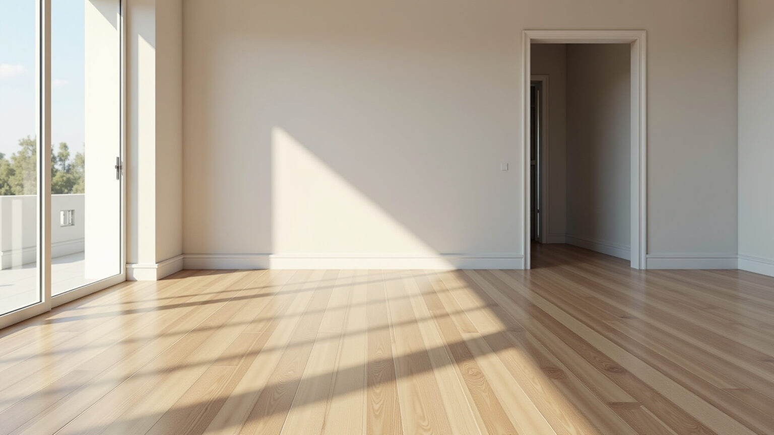 Sala de estar harmoniosa com piso de madeira clara e rodapé branco.