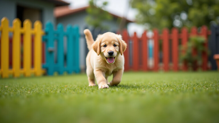 Filhote de Golden Retriever brincando em quintal seguro com cerca colorida.