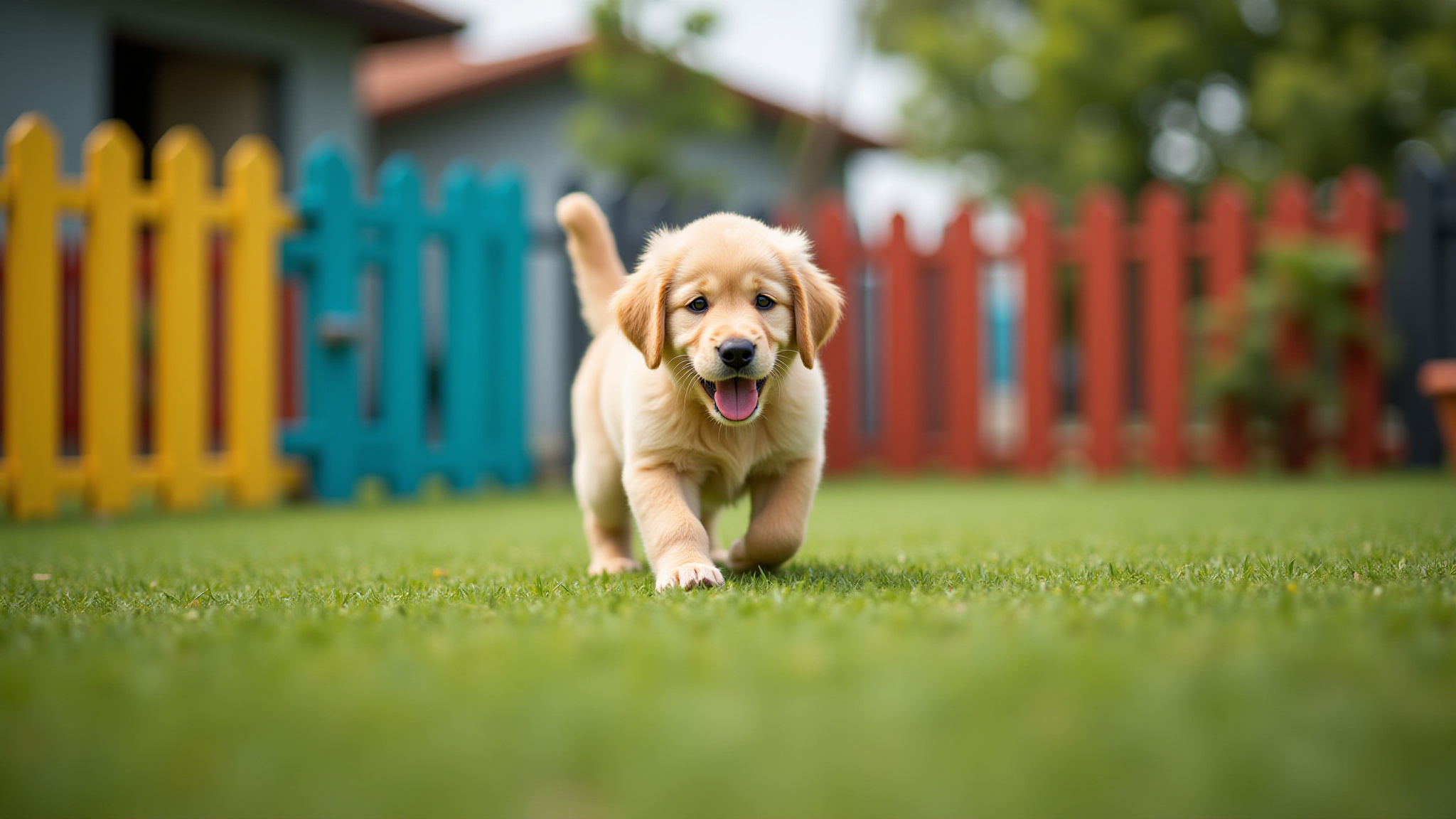 Filhote de Golden Retriever brincando em quintal seguro com cerca colorida.