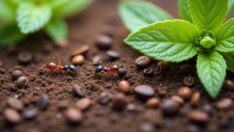 Formigas na horta sendo repelidas por soluções naturais.