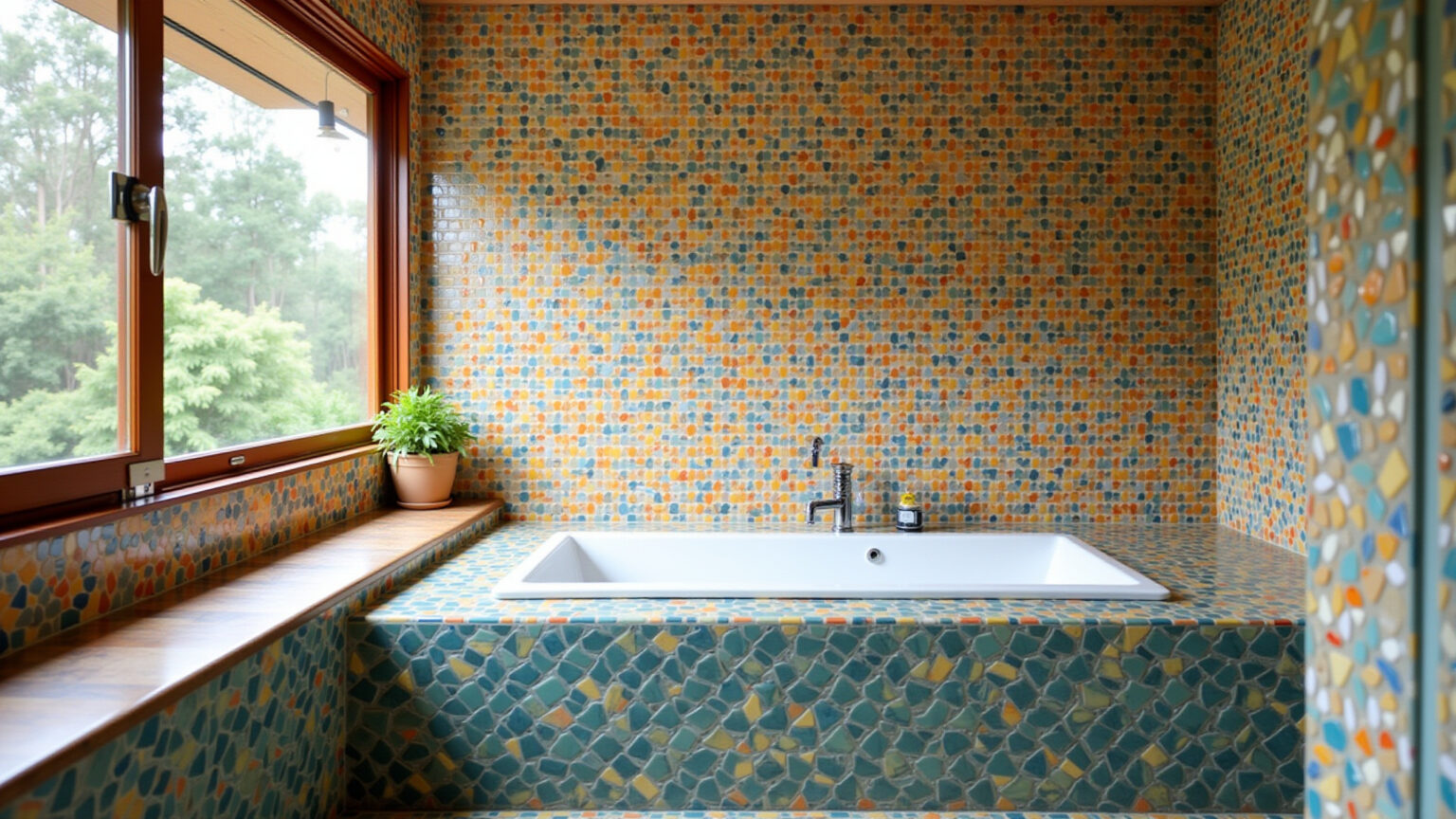 Banheiro renovado com pastilhas coloridas.
