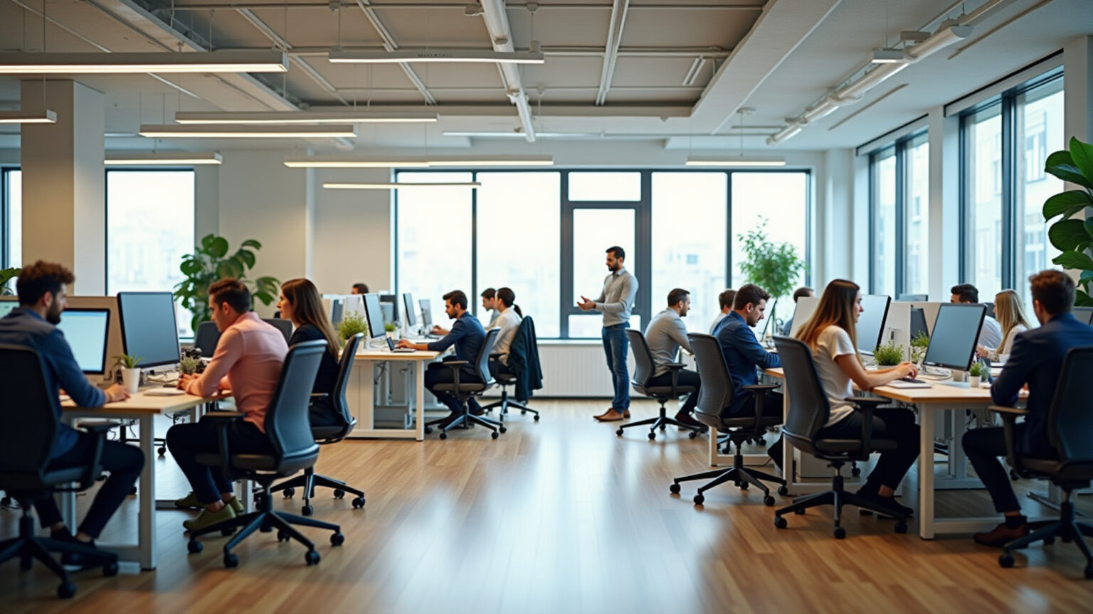 Escritório ergonômico no Brasil com equipe diversa trabalhando confortavelmente.