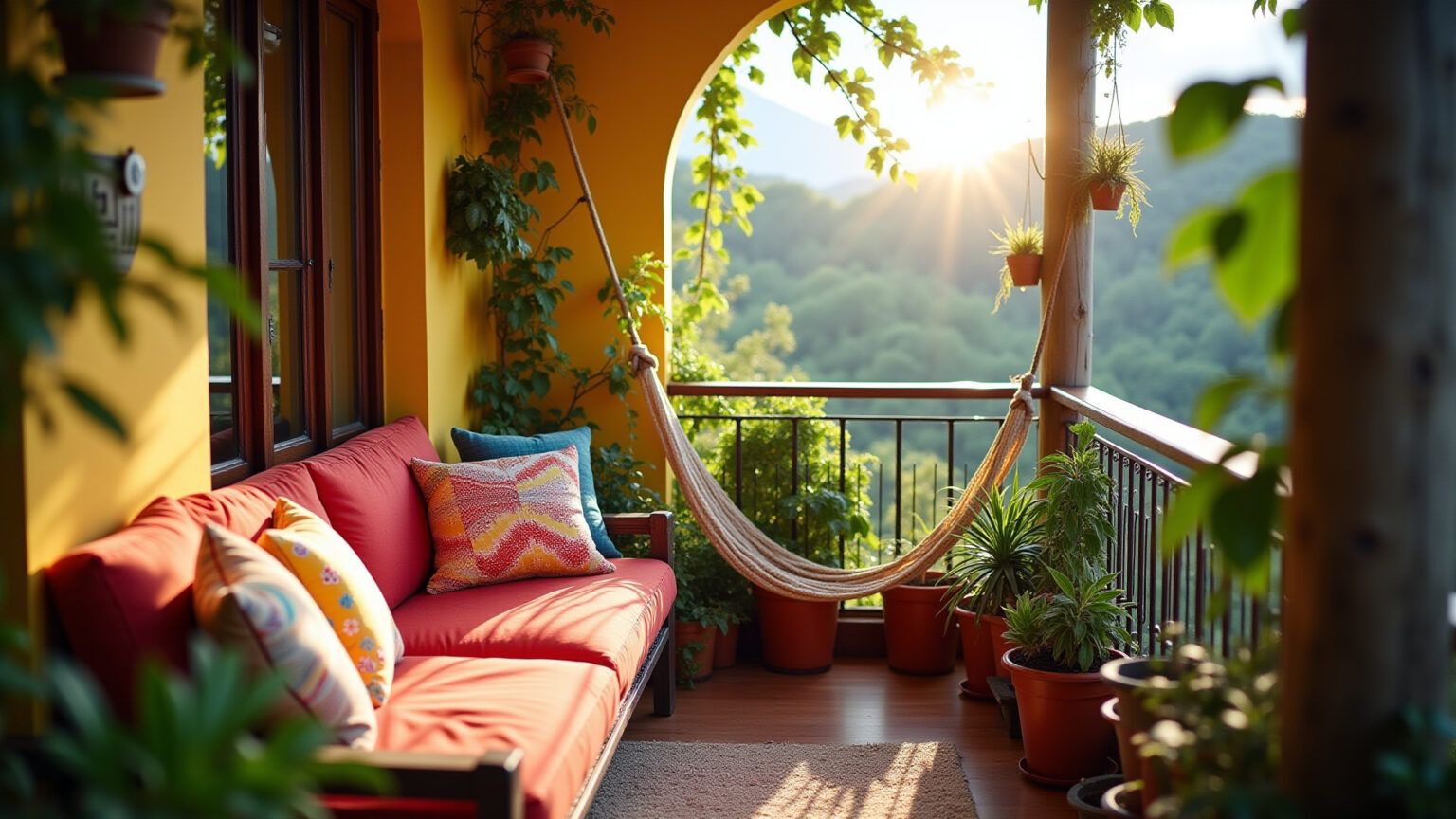 Varanda pequena decorada com plantas, rede e almofadas coloridas.