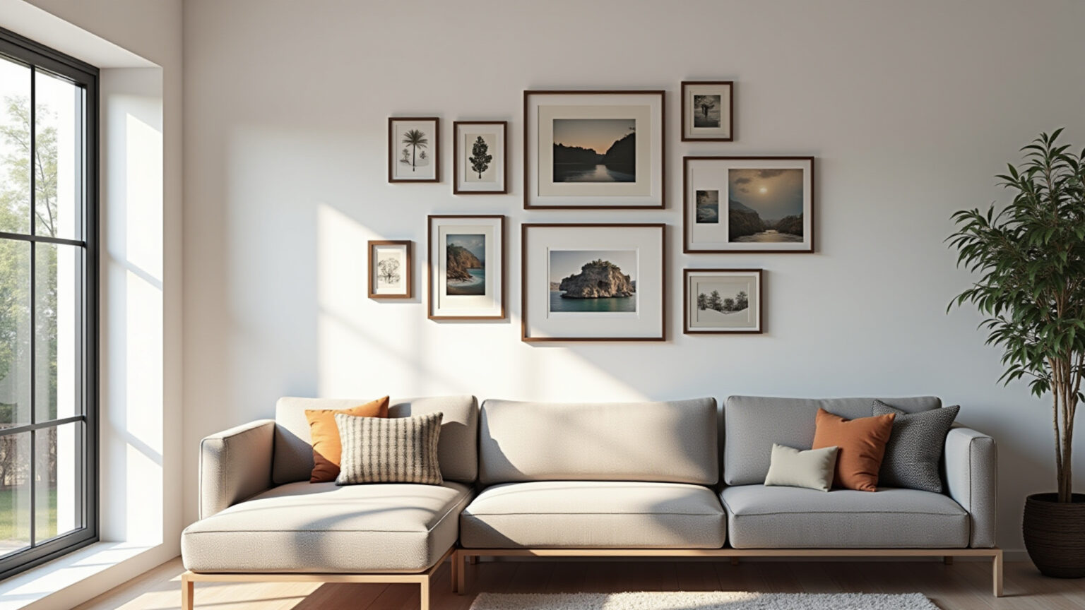 20 Ideias de Como Colocar Quadros na Parede Parede de galeria vibrante em sala de estar com arte diversificada e decoração brasileira.