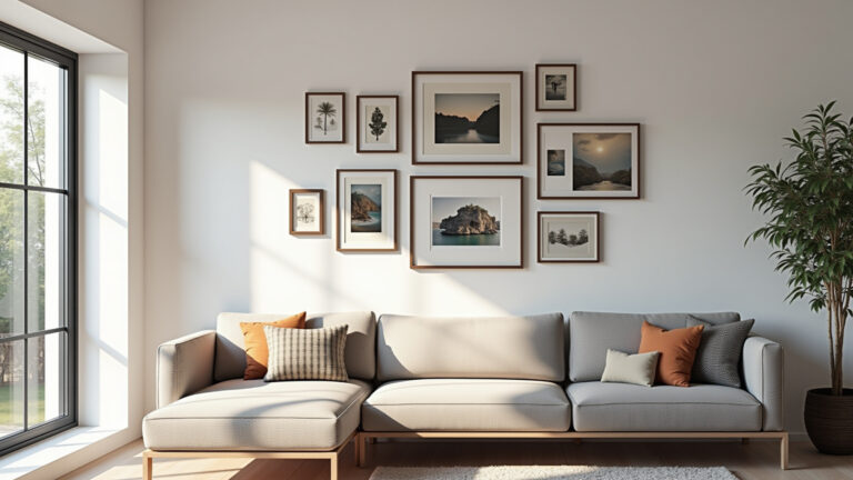 Parede de galeria vibrante em sala de estar com arte diversificada e decoração brasileira.