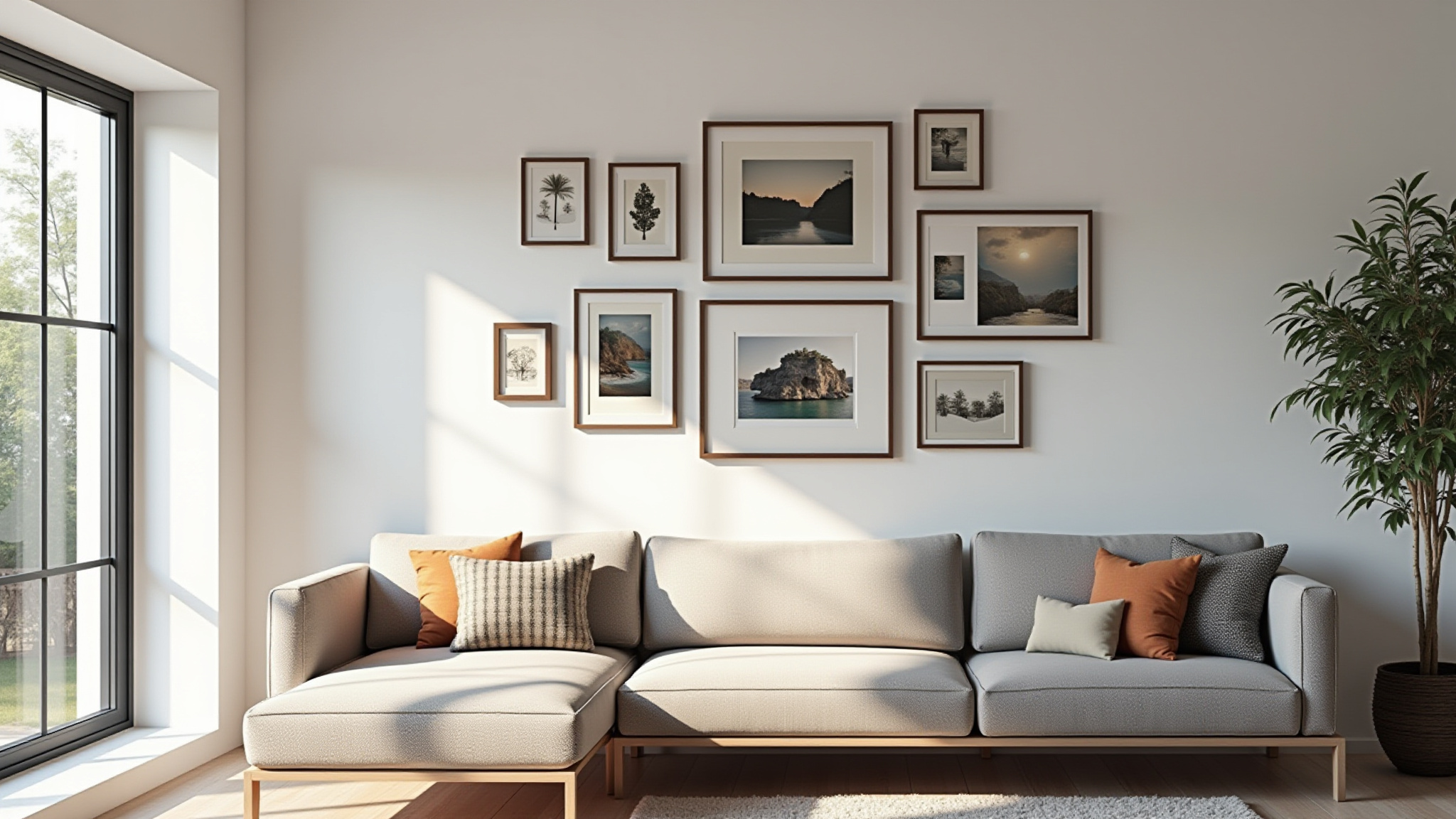 Parede de galeria vibrante em sala de estar com arte diversificada e decoração brasileira.