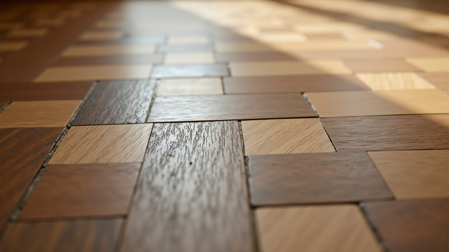 Piso de taco: charme atemporal para sua casa! Piso de taco com padrão mosaico complexo, exibindo textura e cor da madeira.