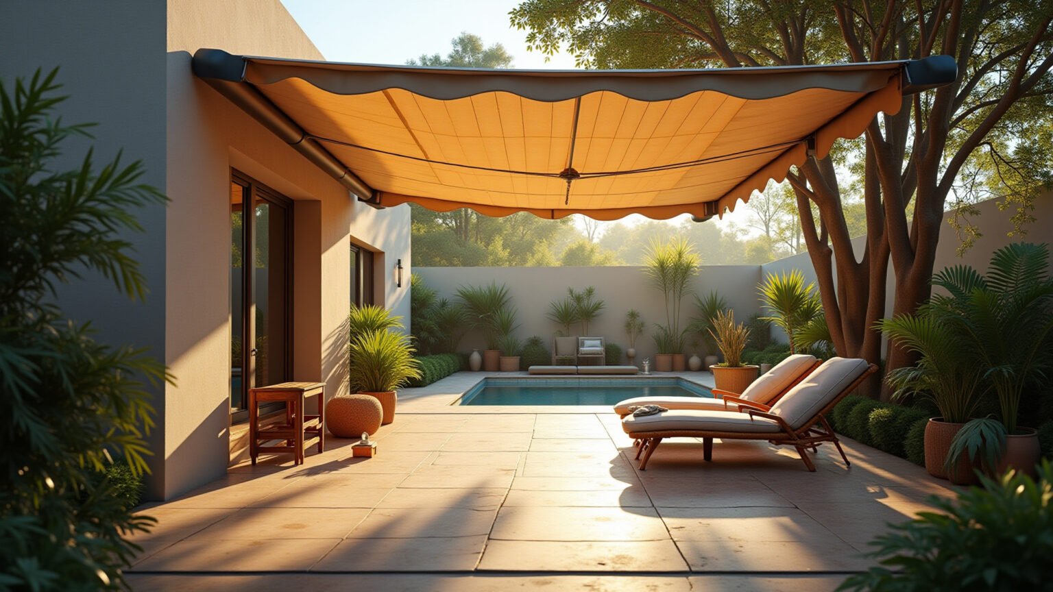 Pergolado aconchegante com cobertura de lona retrátil em um quintal brasileiro.
