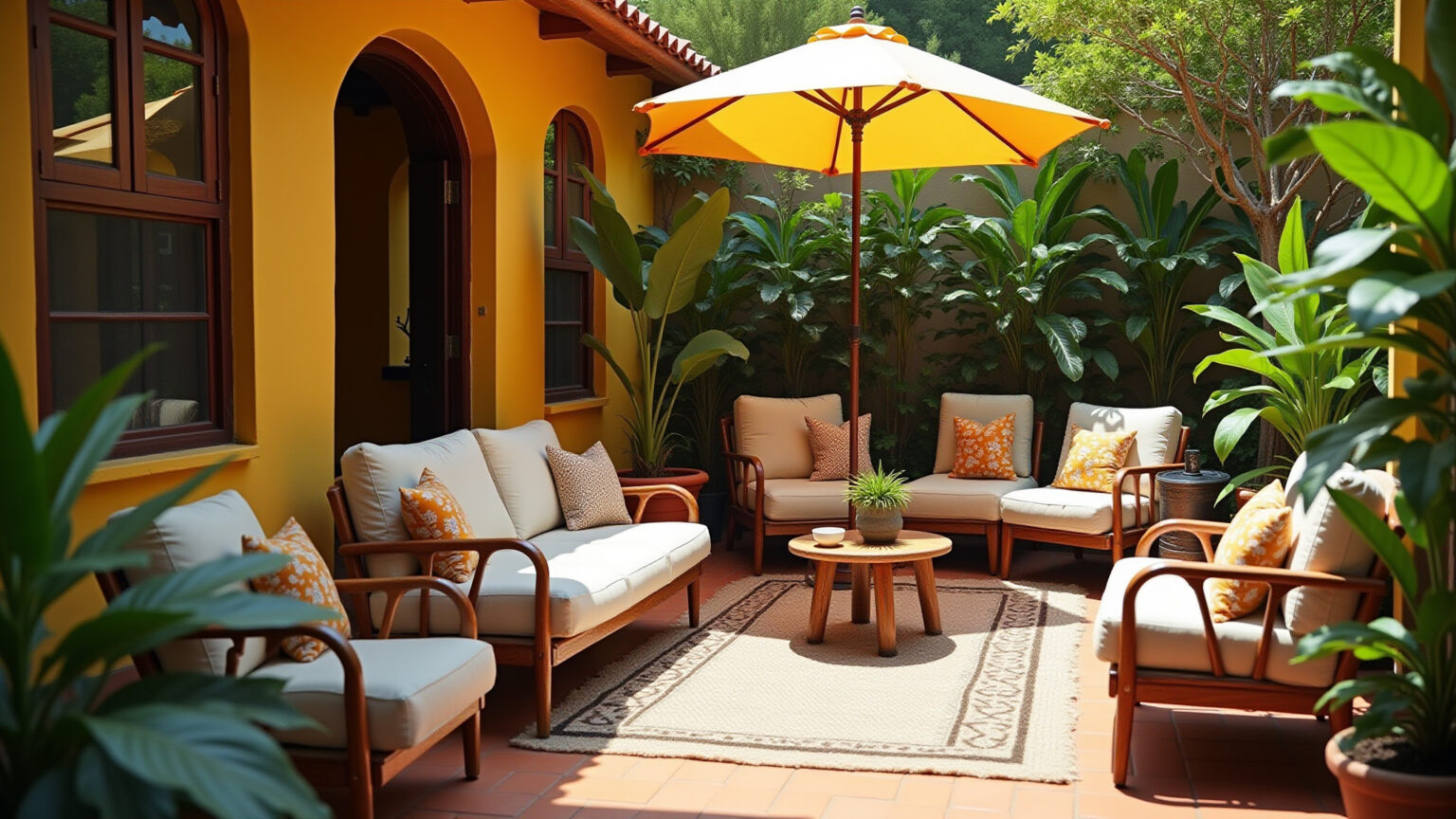 Como Decorar uma Área de Lazer: Dicas e Inspirações para Você Área de lazer vibrante com móveis confortáveis e plantas exuberantes.