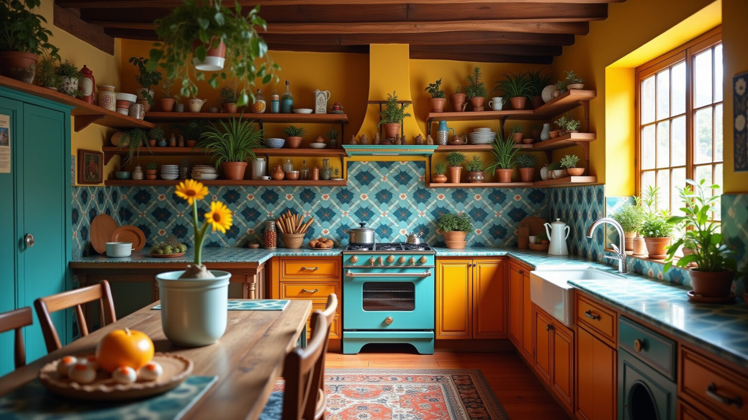 Cozinha boêmia colorida com decoração vibrante e elementos naturais.