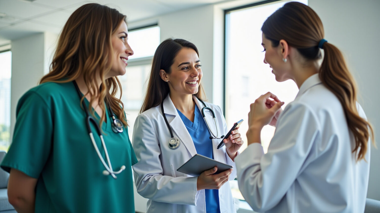 Equipe médica diversa discutindo o cuidado do paciente em clínica brasileira.