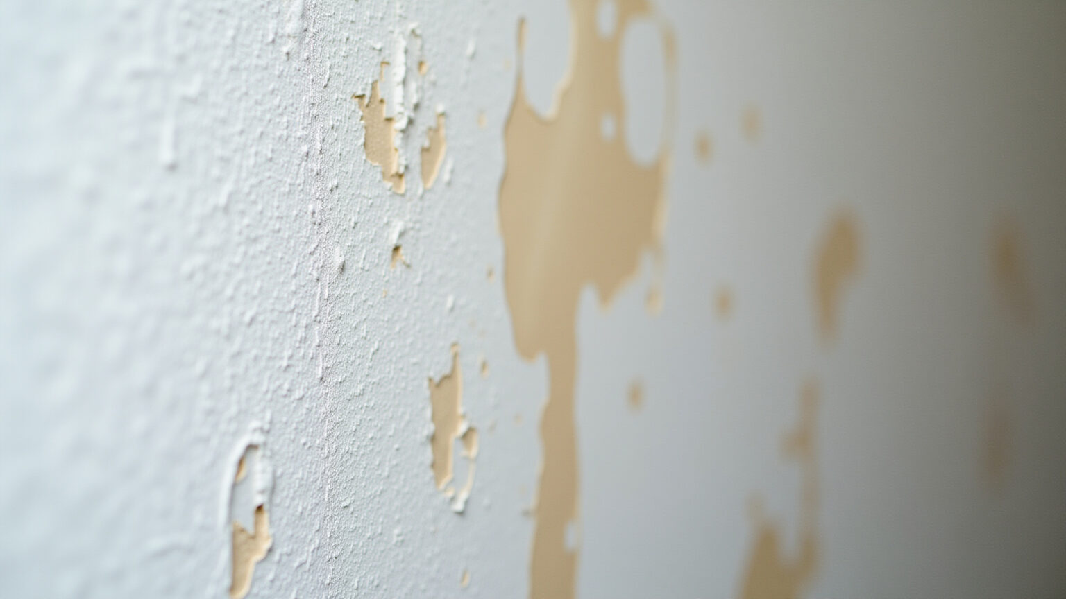 Parede com manchas de água e tinta descascada, sinal de vazamento.