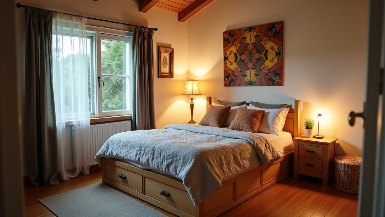 Quarto de casal pequeno com cama box e decoração brasileira.