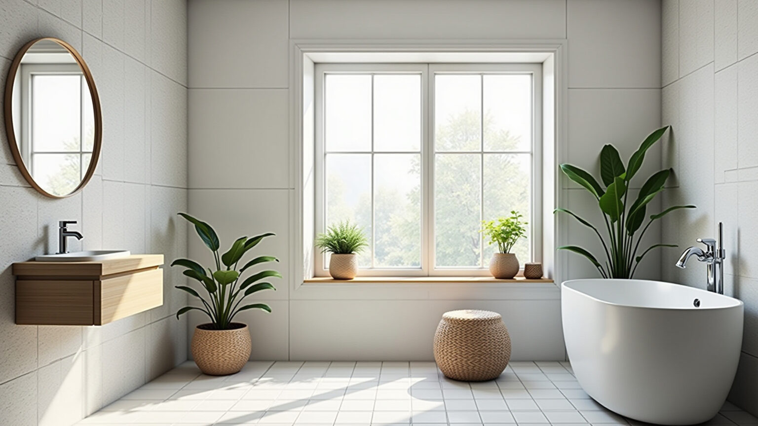 Banheiro simples com azulejos brancos e detalhes em madeira.