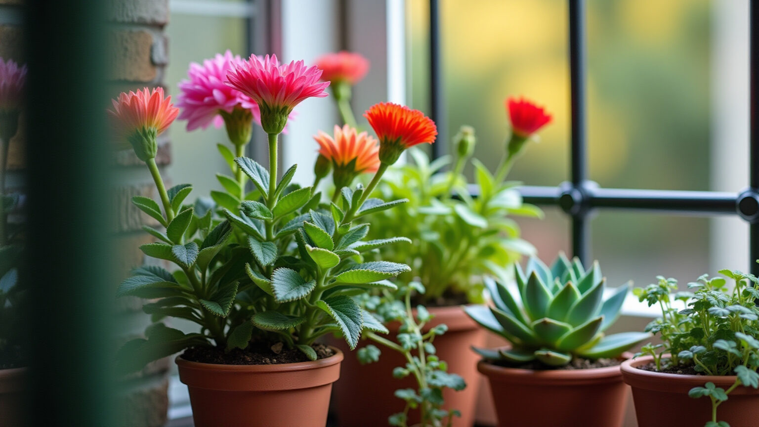 Varanda de apartamento transformada em um jardim urbano vibrante com plantas e flores.