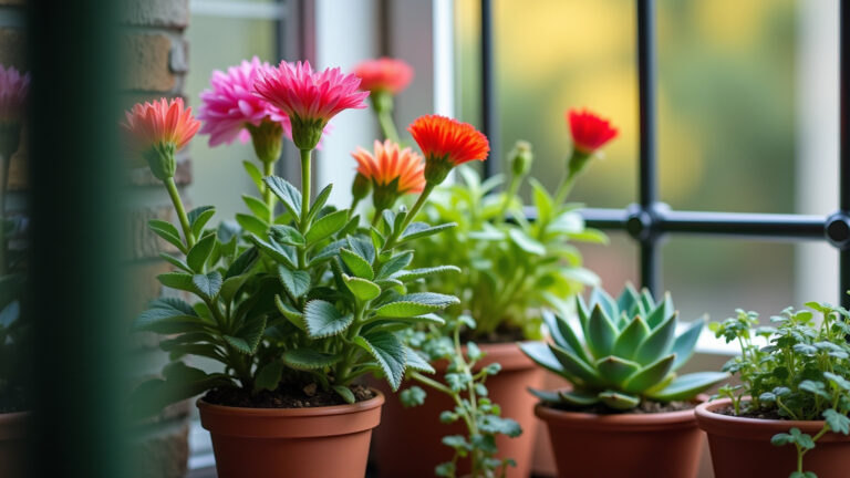 Varanda de apartamento transformada em um jardim urbano vibrante com plantas e flores.