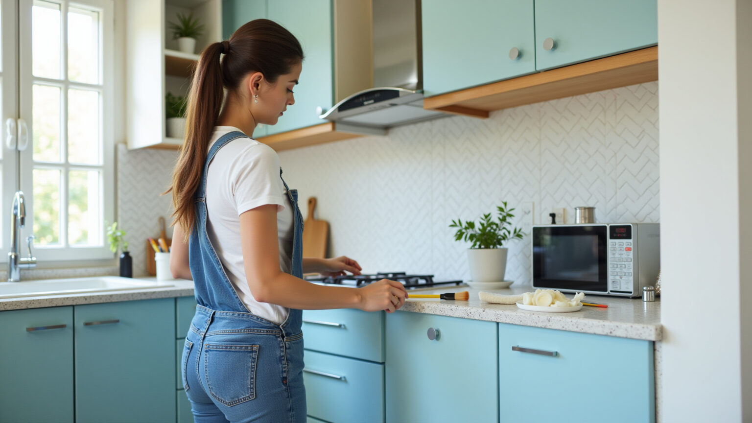 Mulher pintando armário de cozinha de azul claro em projeto DIY.