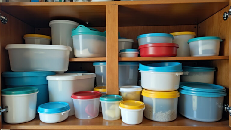 Armário de cozinha caótico com potes de plástico e tampas desorganizadas.