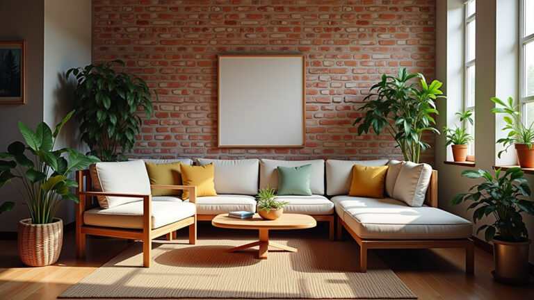 Sala aconchegante com parede de tijolinho aparente e design brasileiro.
