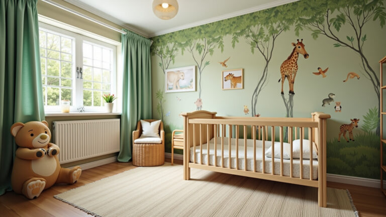 Quarto de bebê com tema safari, cores verde e bege.